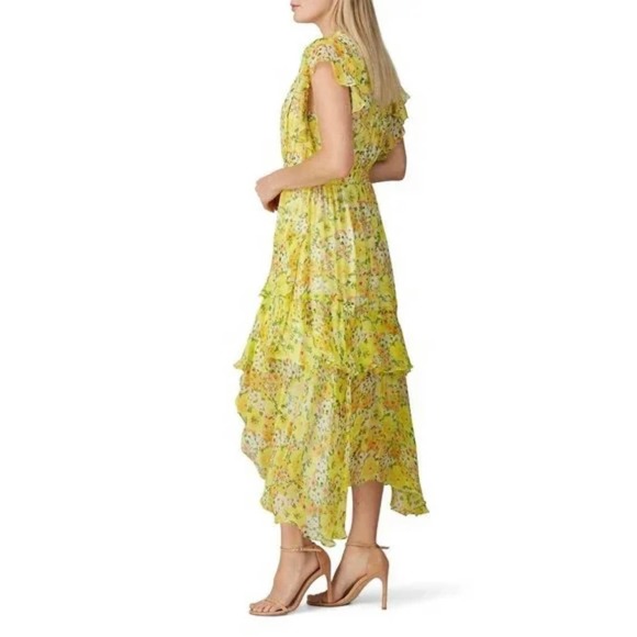 Shoshanna Candela Yellow Floral Print High-Low Ruffle Flutter Midi Dress Size 6 - Picture 2 of 7
